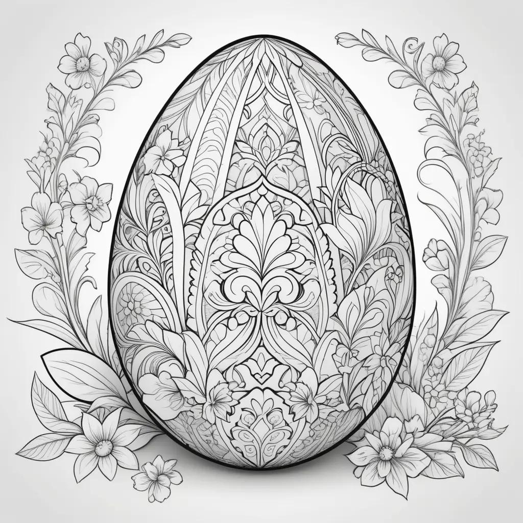 Easter egg coloring page with ornate design and flowers