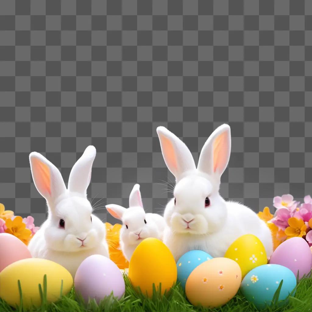 Easter eggs and bunnies in a field