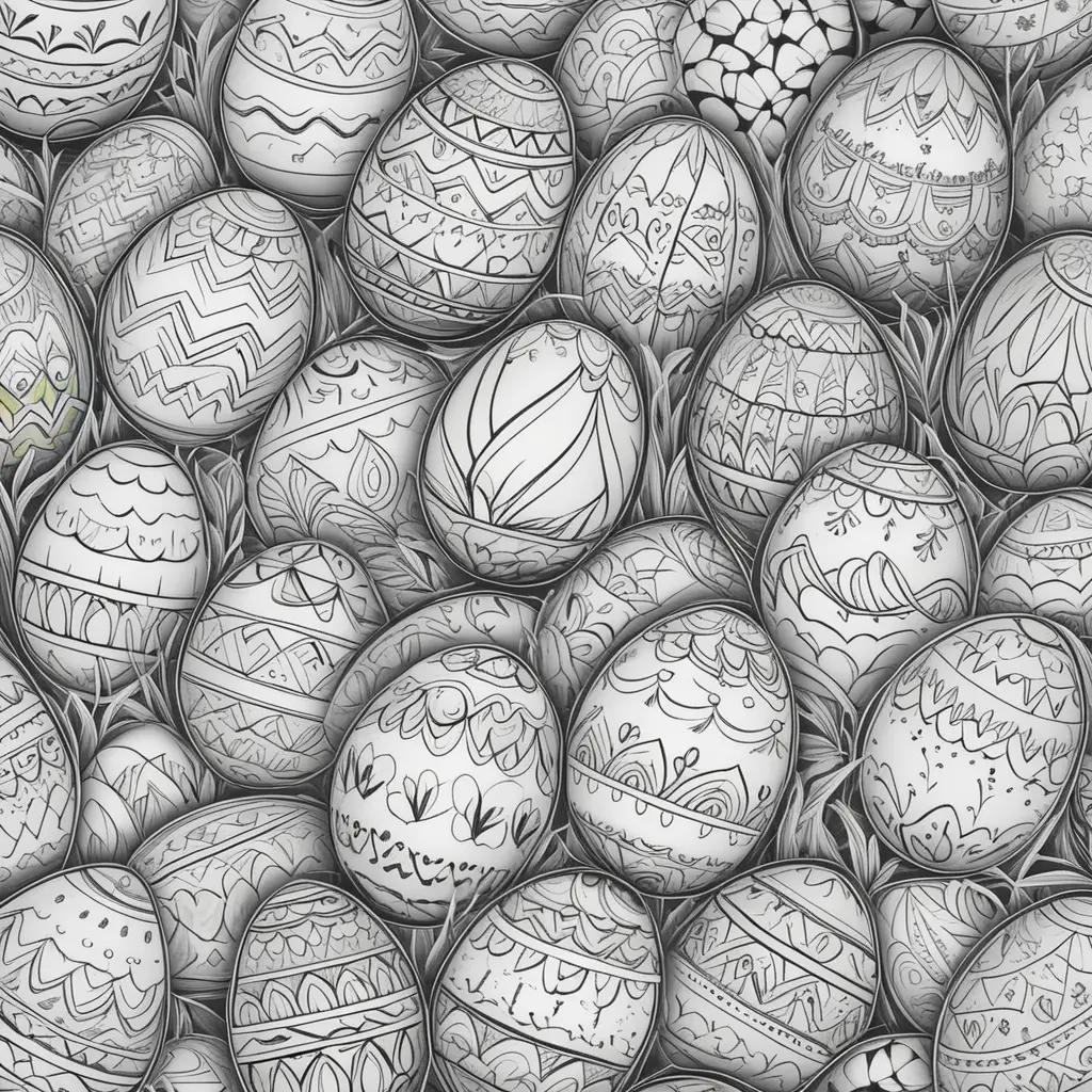 Easter eggs coloring page with black and white illustrations