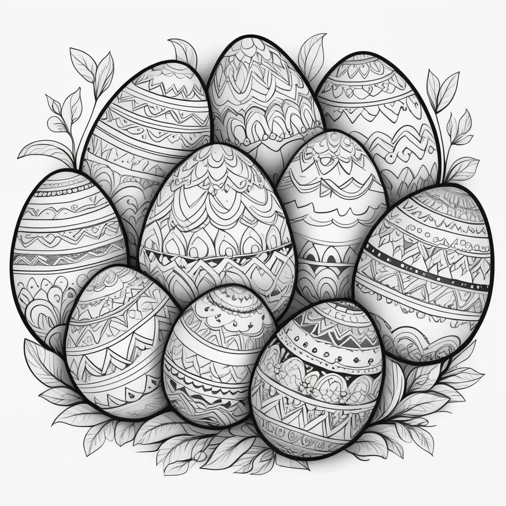 Easter eggs coloring page with designs and leaves