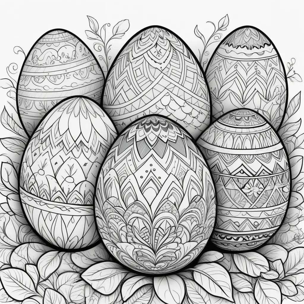 Easter eggs coloring page with unique patterns and leaves