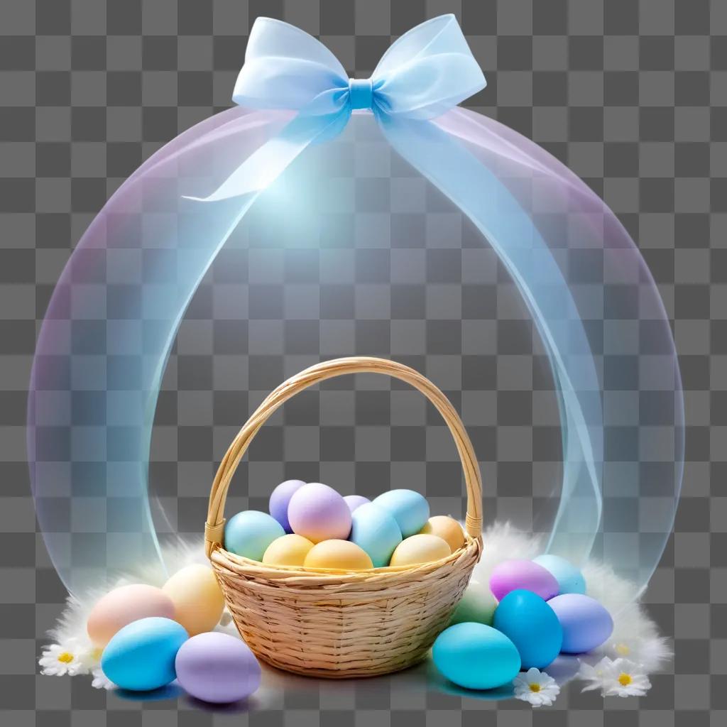 Easter eggs in basket under happy easter bows