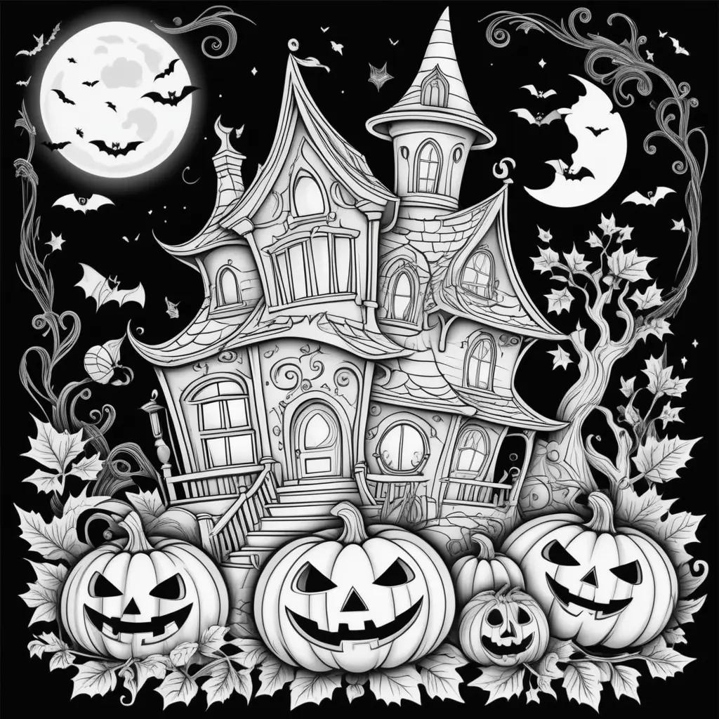 Easy Halloween Coloring Pages Featuring a Haunted House and Pumpkins