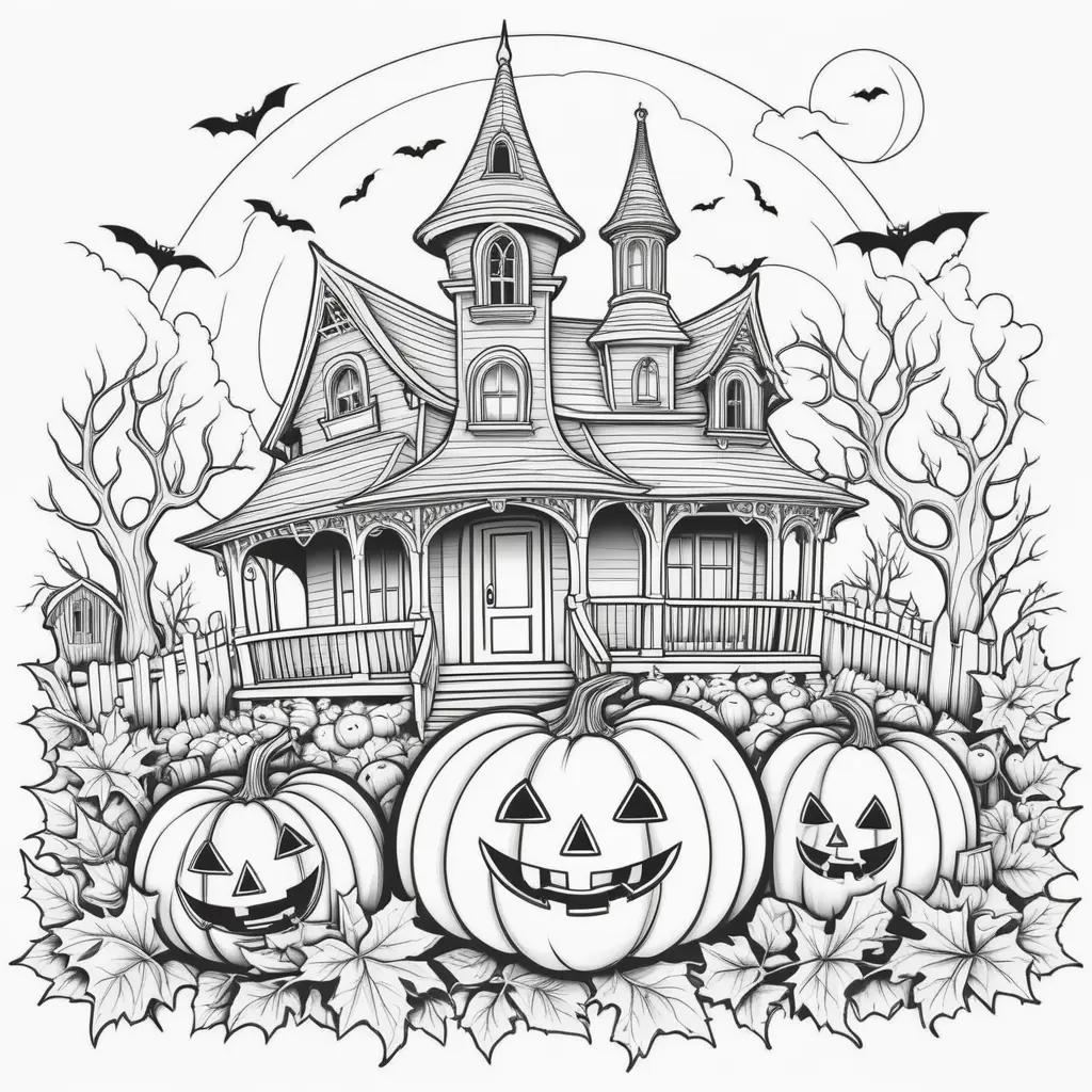 Easy Halloween Coloring Pages features a black and white illustration of a spooky house and pumpkins