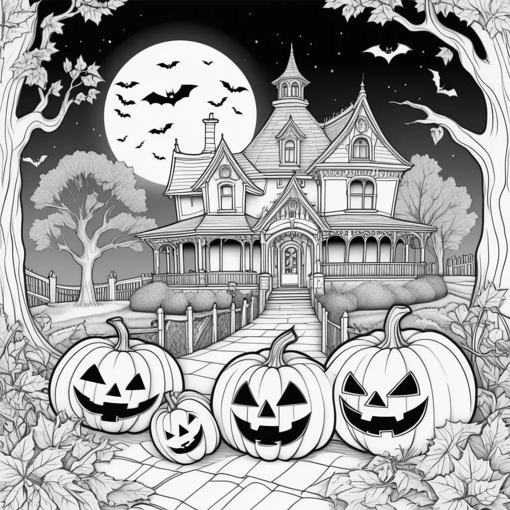 Easy Halloween Coloring Pages with a house and pumpkins