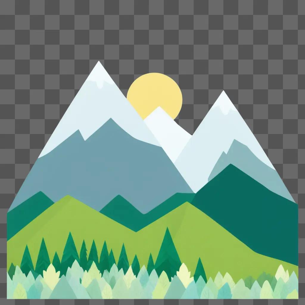 Educational childrens mountain drawing with sun and pine trees