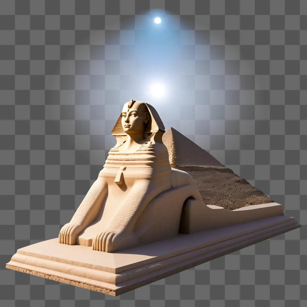白い背景にエジプトの彫像と、その背後に光