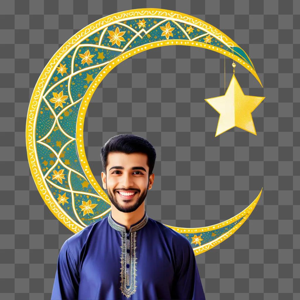 Eid Mubarak: Man with smiling face and crescent moon