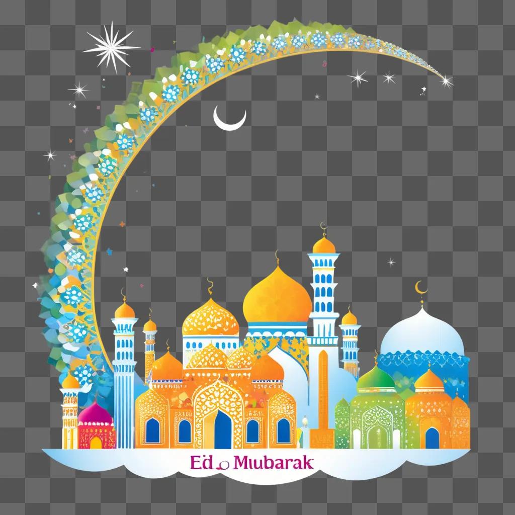 Eid Mubarak, a festive card with a moon and stars