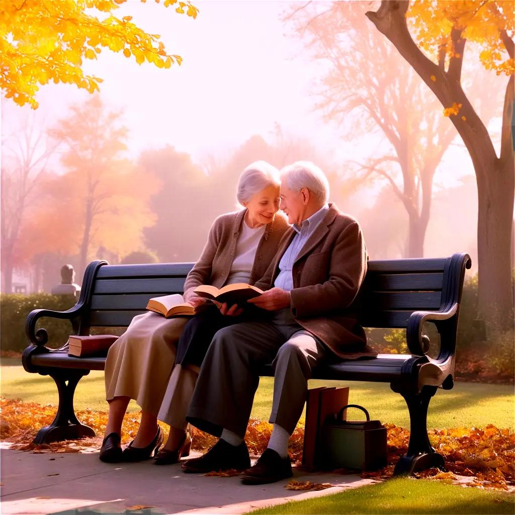 Elderly couple reads on a park bench