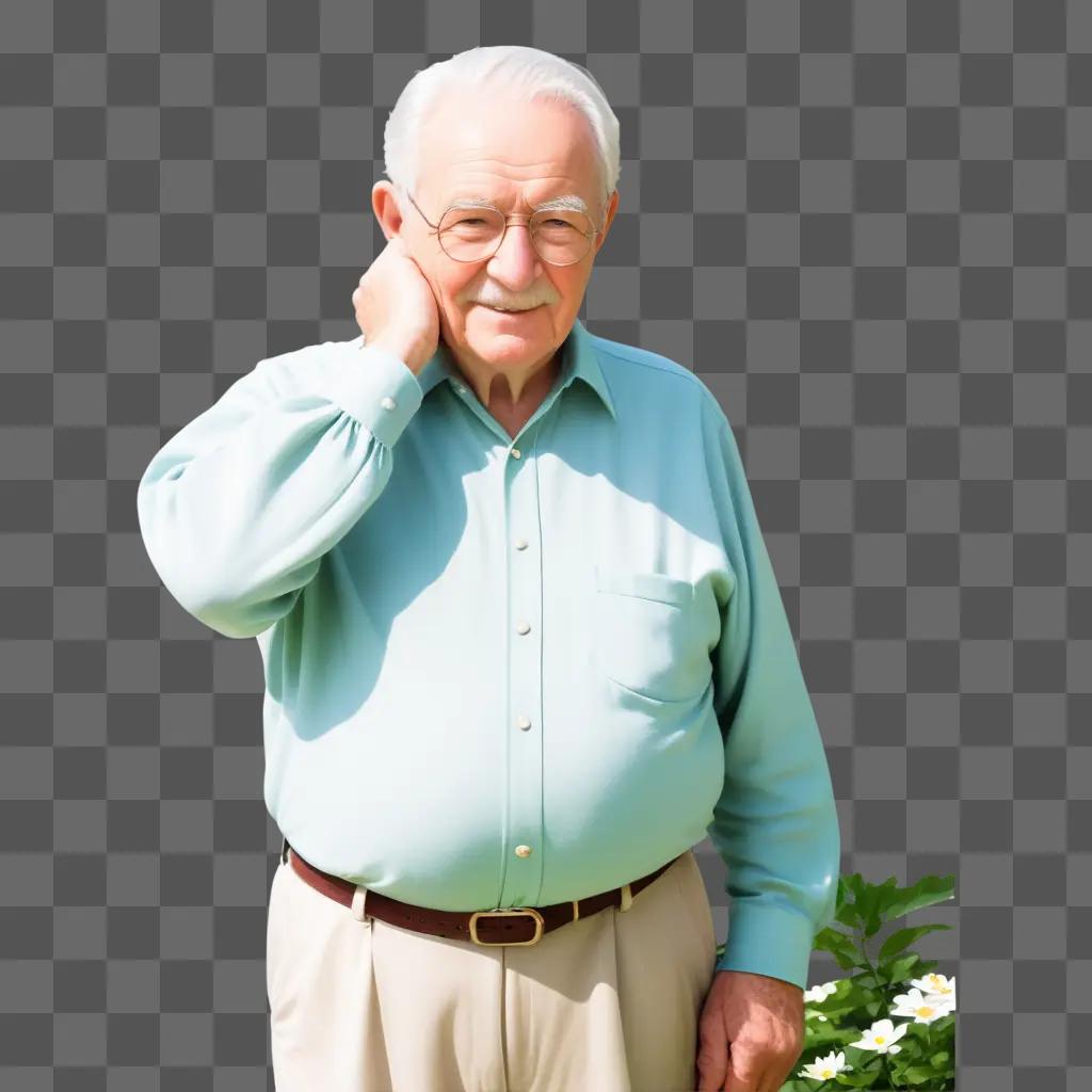 Elderly man posing with hands on his neck