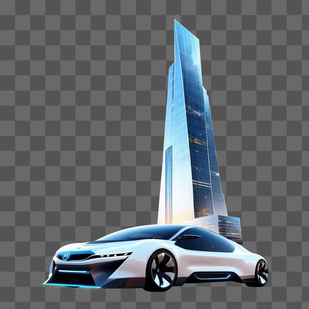 Electric car nears skyscraper in futuristic cityscape