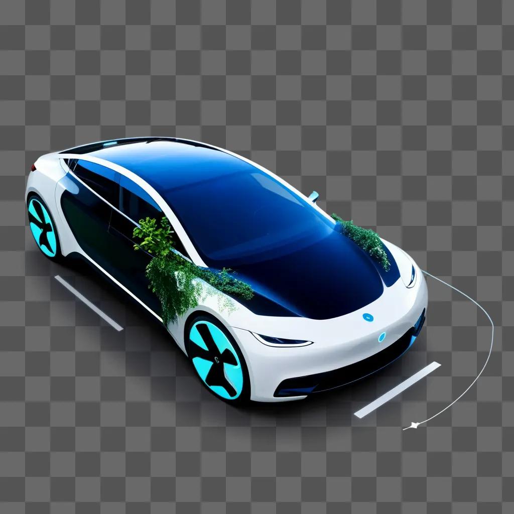 Electric car with plants on top and blue light