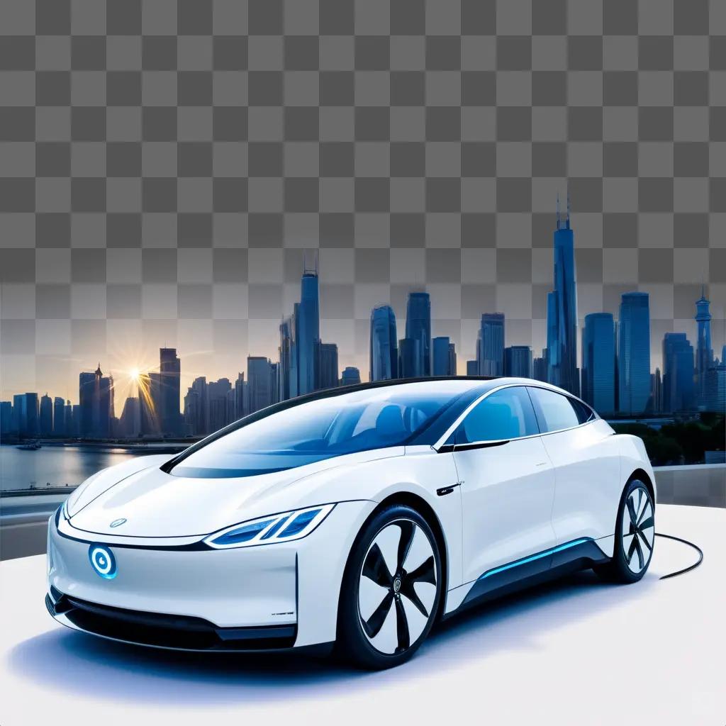 Electric vehicle showcased at cityscape backdrop