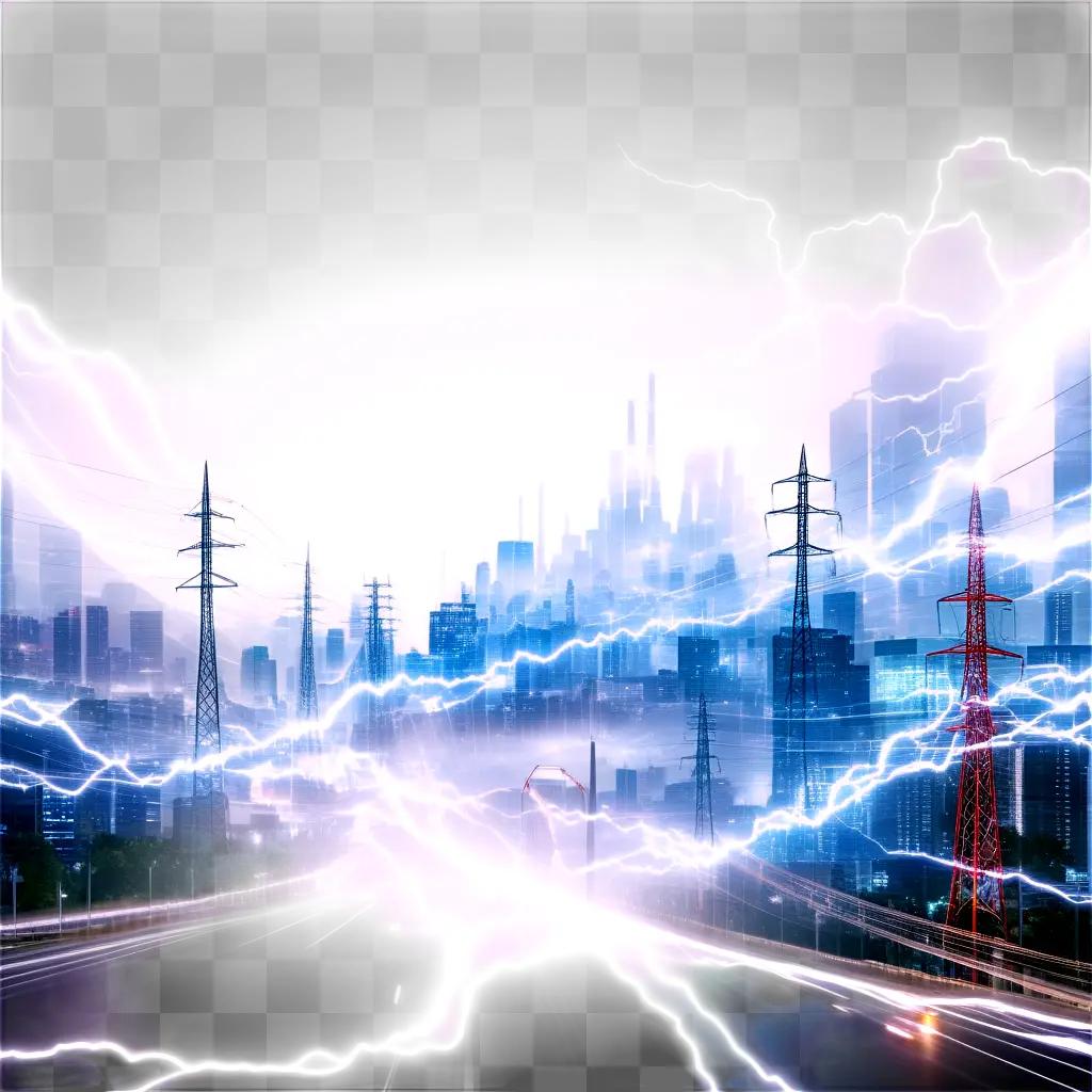 Electricity lines cross a cityscape in a transparent image