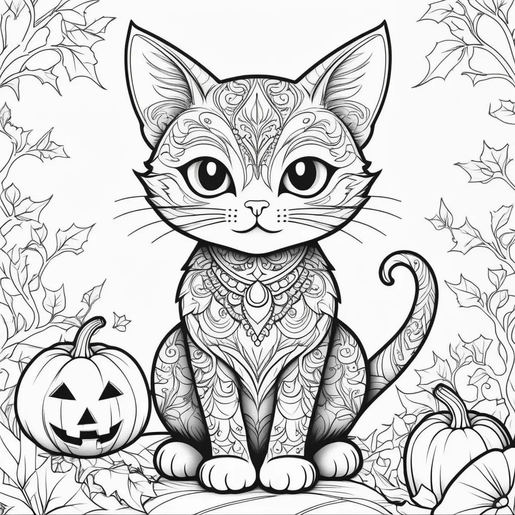 Elegant Halloween cat coloring pages for adults