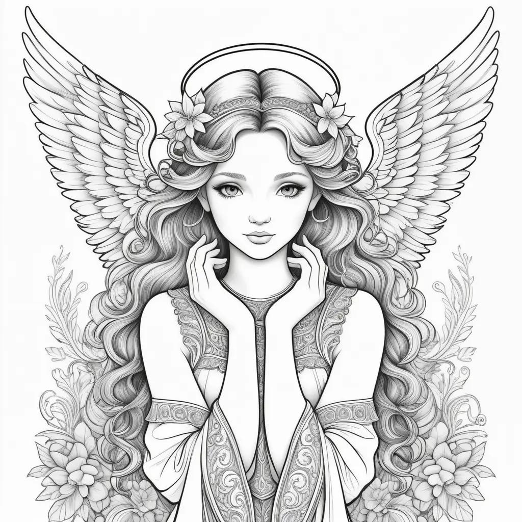 Elegant angel coloring pages with flower embellishments