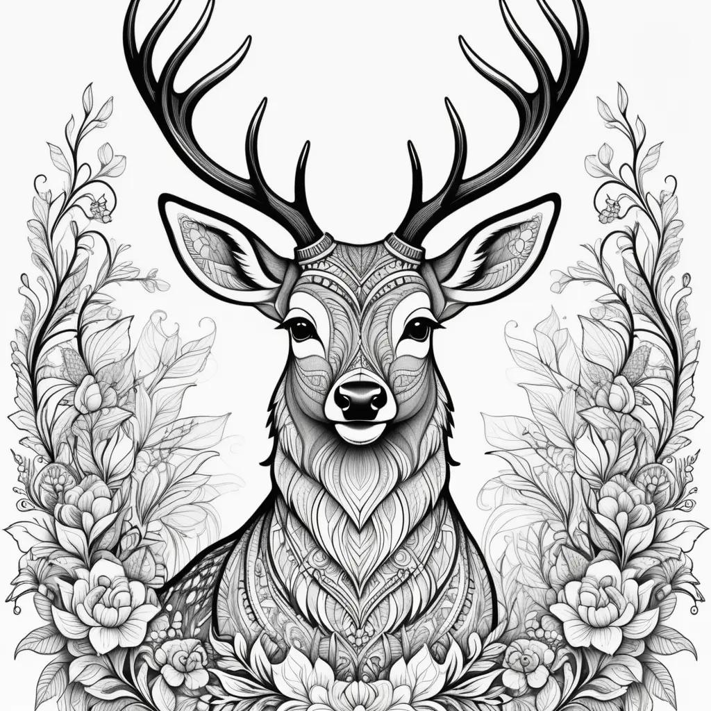 Elegant black and white deer coloring pages with intricate details