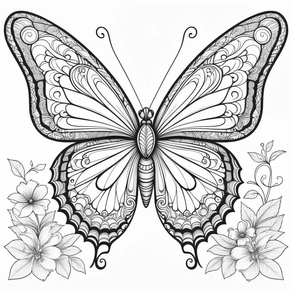 Elegant butterfly coloring page with flowers and vines