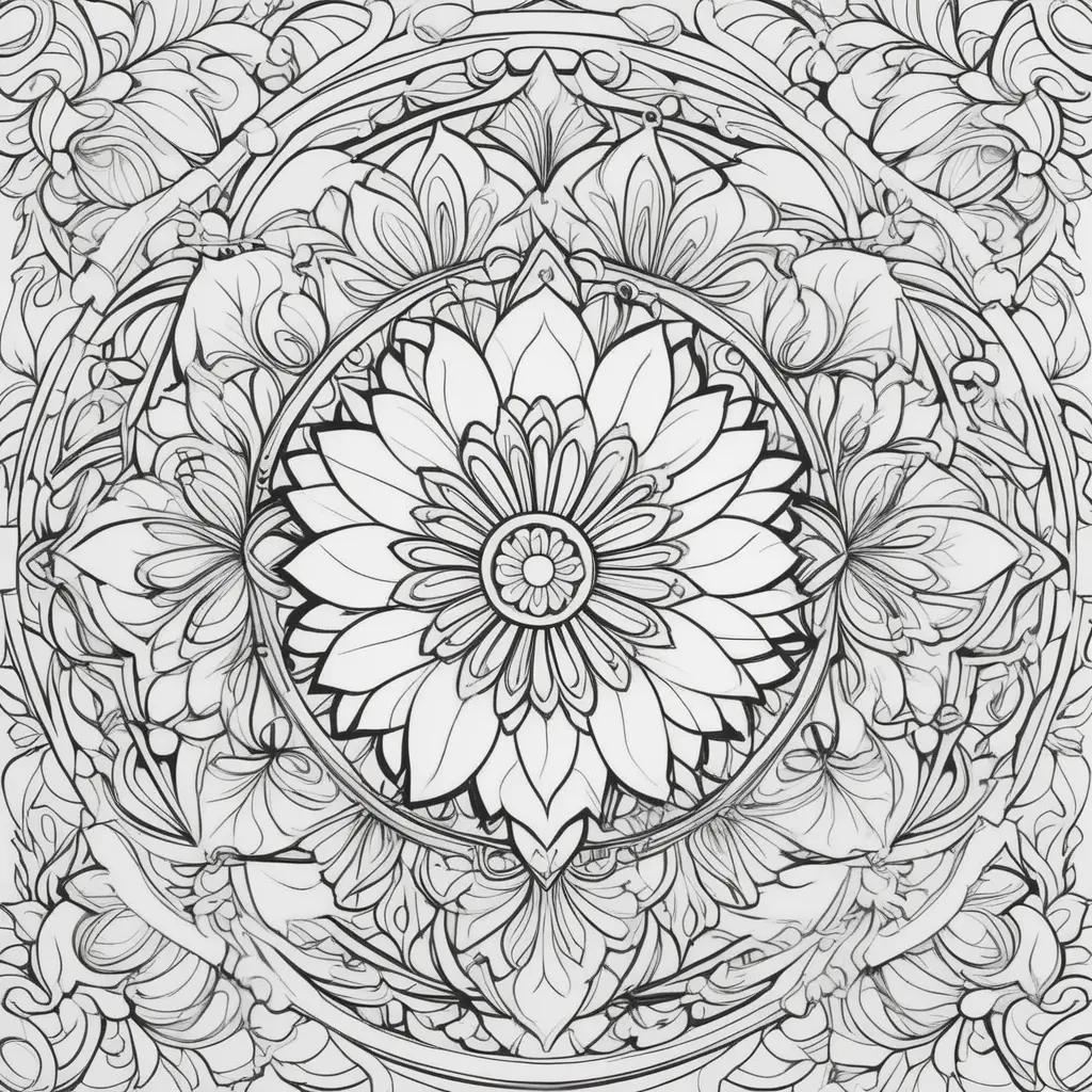 Elegant coloring page with flowers and leaves