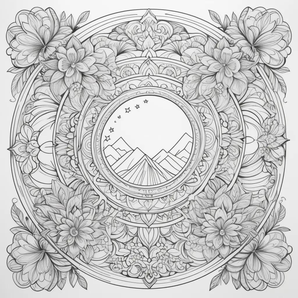 Elegant coloring page with flowers and stars