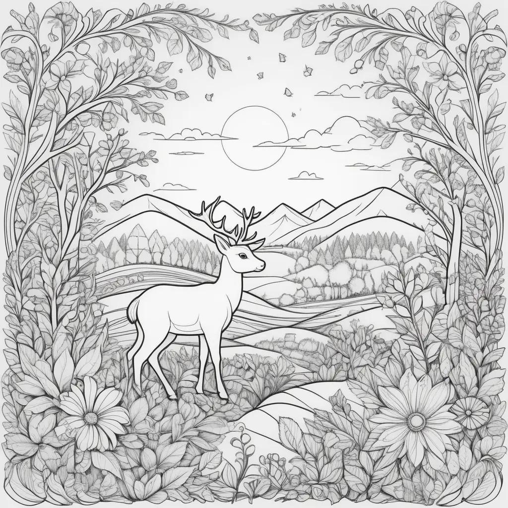 Elegant coloring pages for kindergarten: deer, flowers, and trees