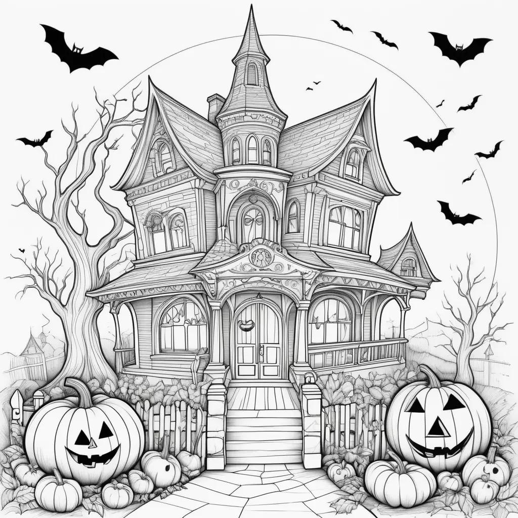 Elegant drawing of a haunted house and pumpkins