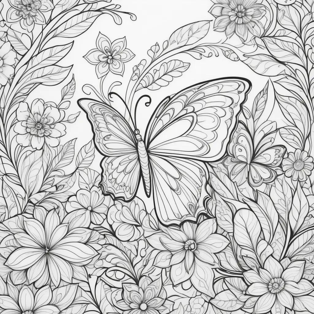 大人のカラーリングのためのエレガントな花と蝶のデザイン
