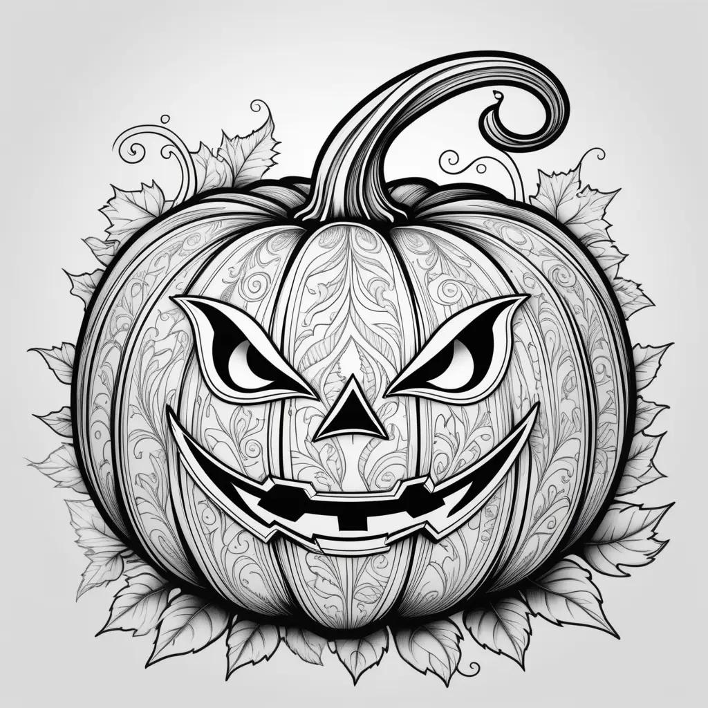 Elegant pumpkin coloring page with leaves and eyes