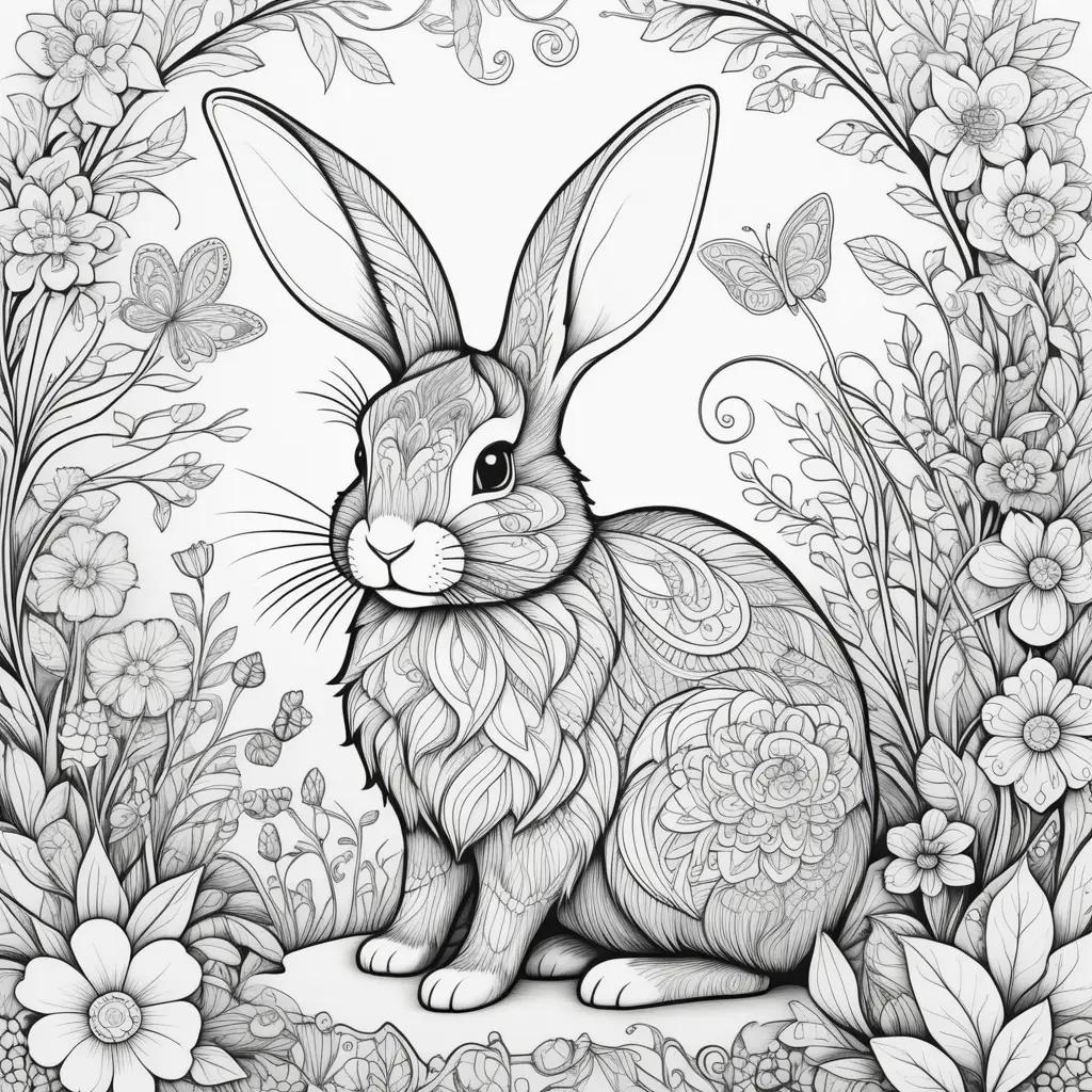 Elegant rabbit coloring page with flowers and butterflies