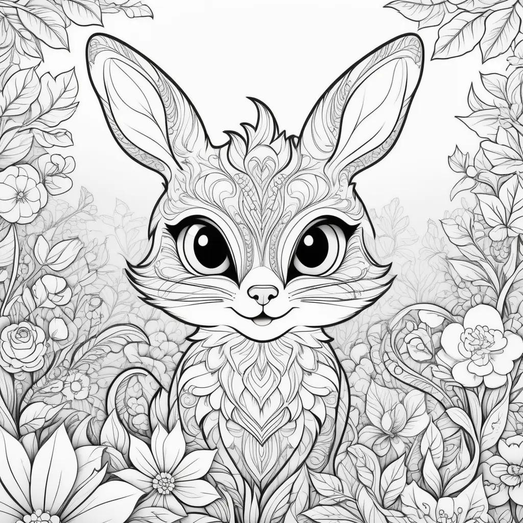 Elegant shadow coloring pages with a rabbit and flowers