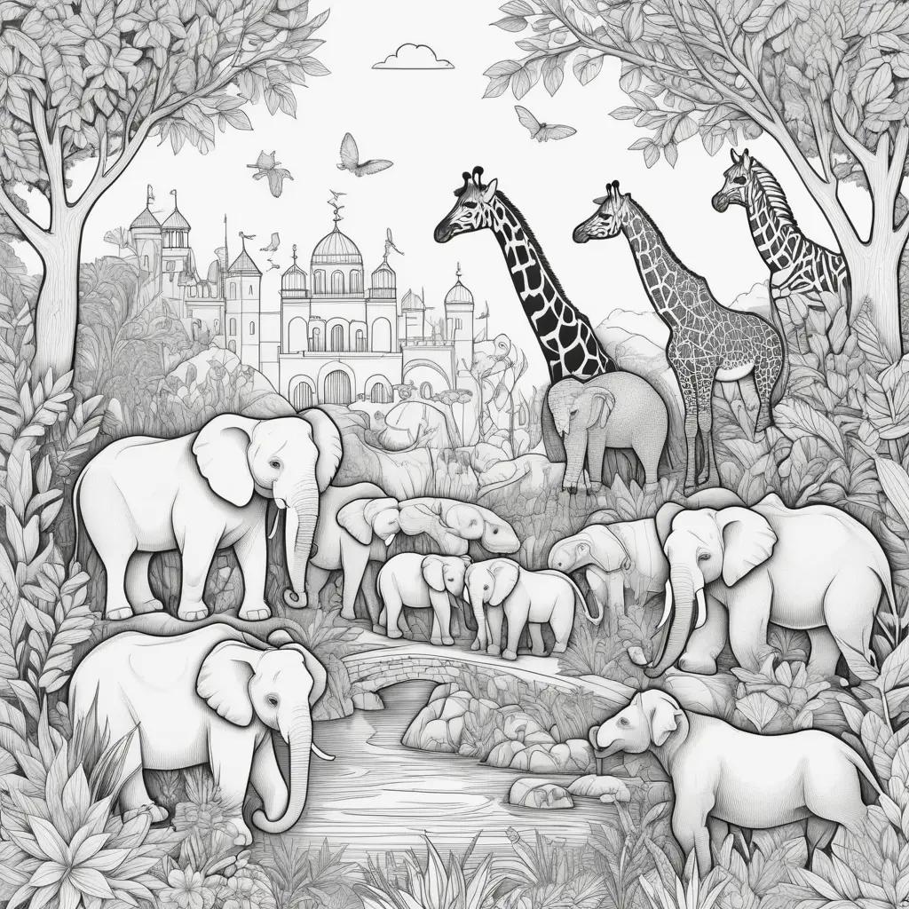 Elegant zoo coloring pages with giraffes and elephants