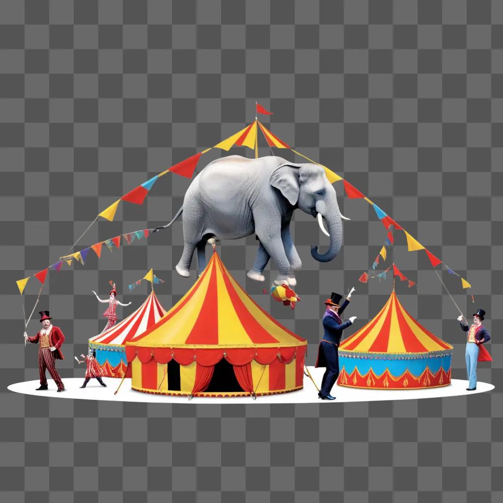 Elephant in circus tent with people and other tents