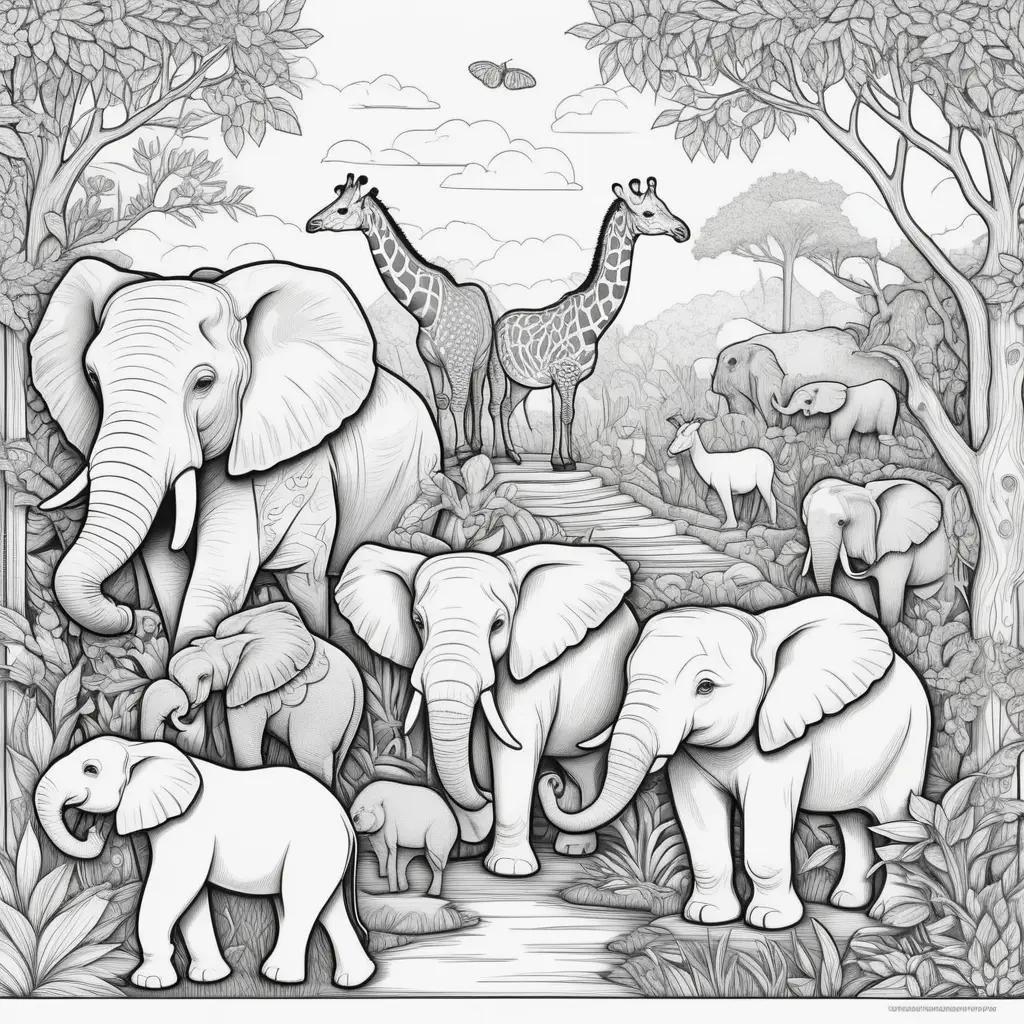 Elephants and giraffes in a jungle, zoo coloring pages