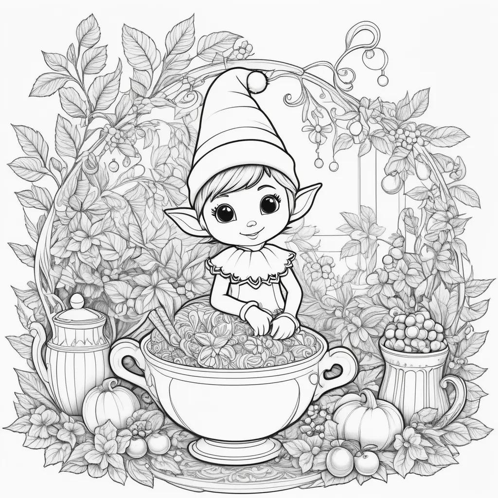 Elf coloring page with pumpkin and mushrooms on a shelf