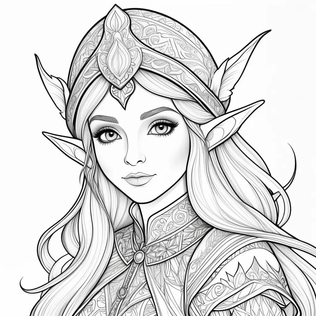 Elf coloring pages: detailed drawing of a girl in a fancy costume