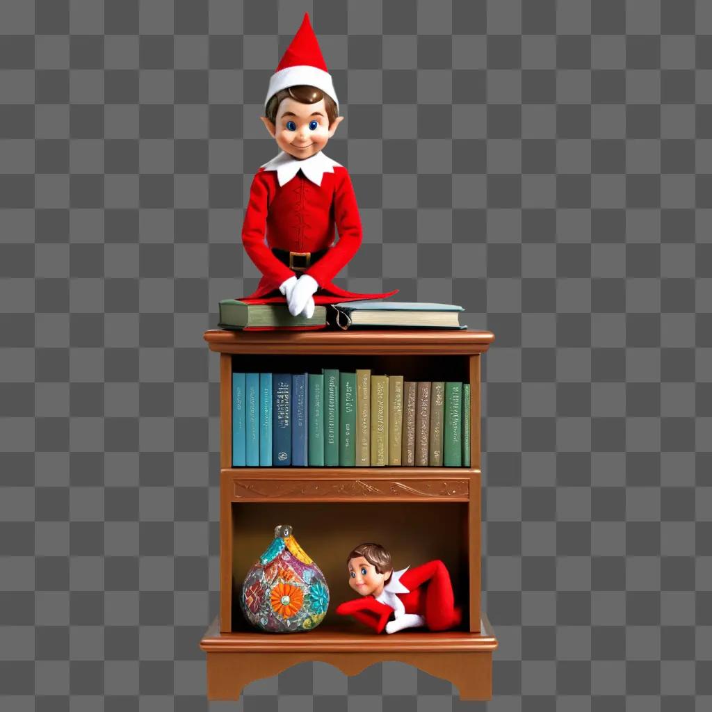 Elf on shelf with books and figurines on wooden shelf