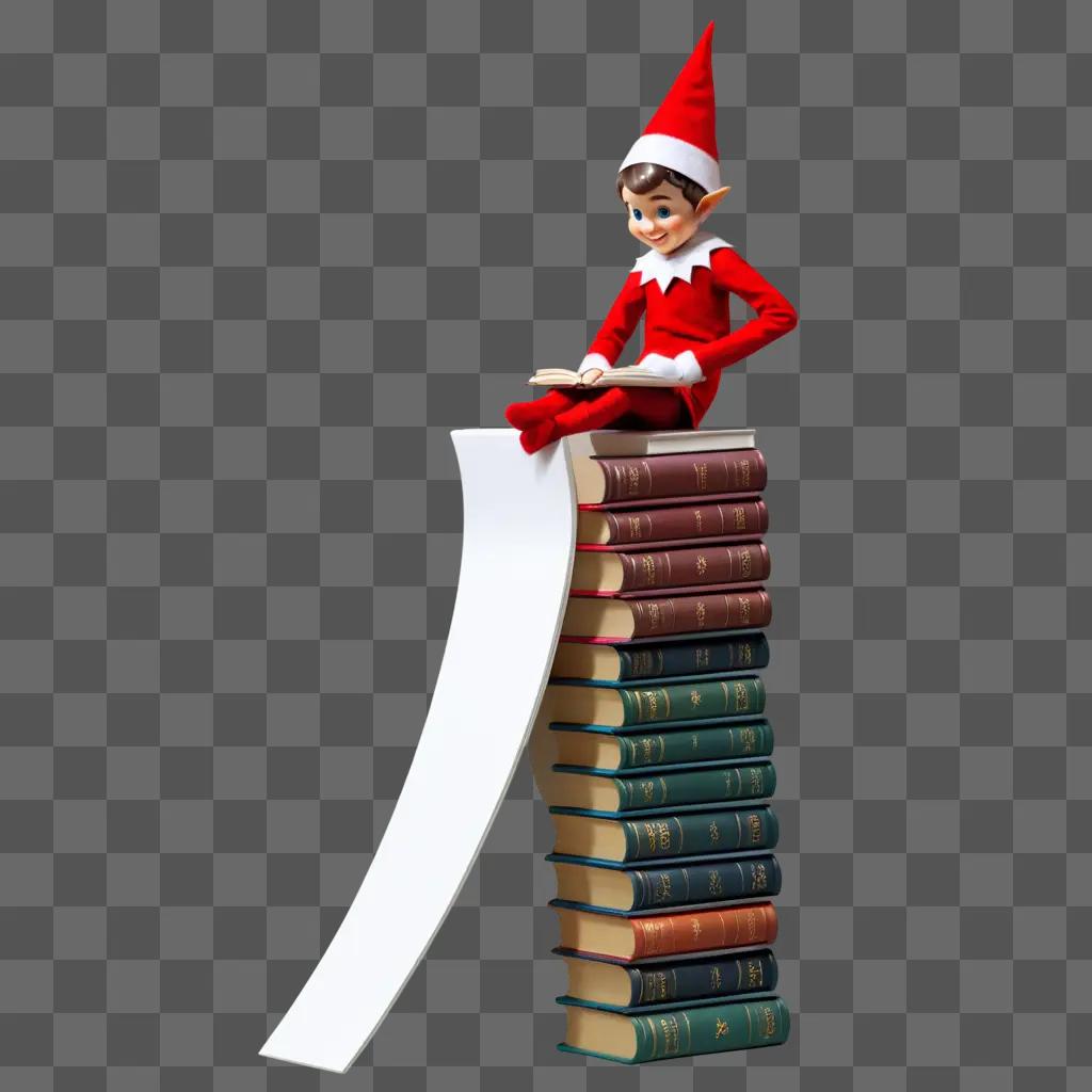 Elf on the shelf, sitting on a stack of books, reading a book