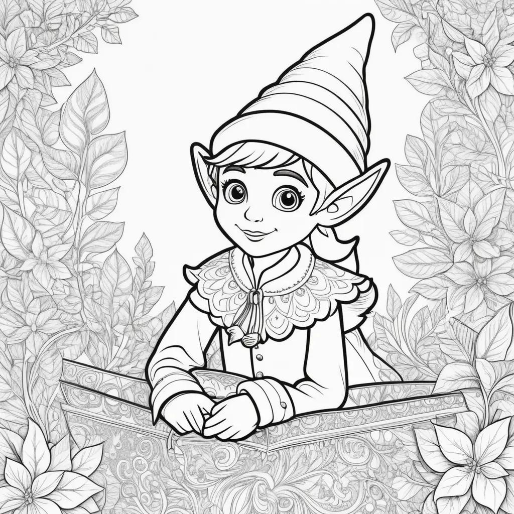 Elf on the shelf coloring page: a black and white illustration of an elf with a hat and scarf