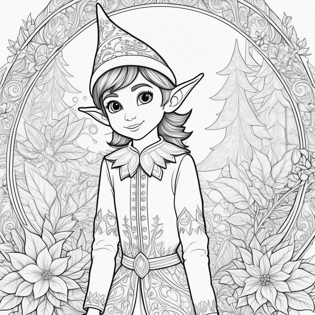 Elf on the shelf coloring page featuring a girl in a white dress with a red hat and a white and red striped belt