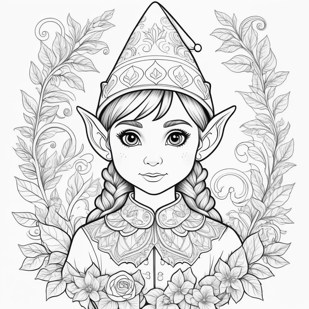 Elf on the shelf coloring page with a girl and a tree