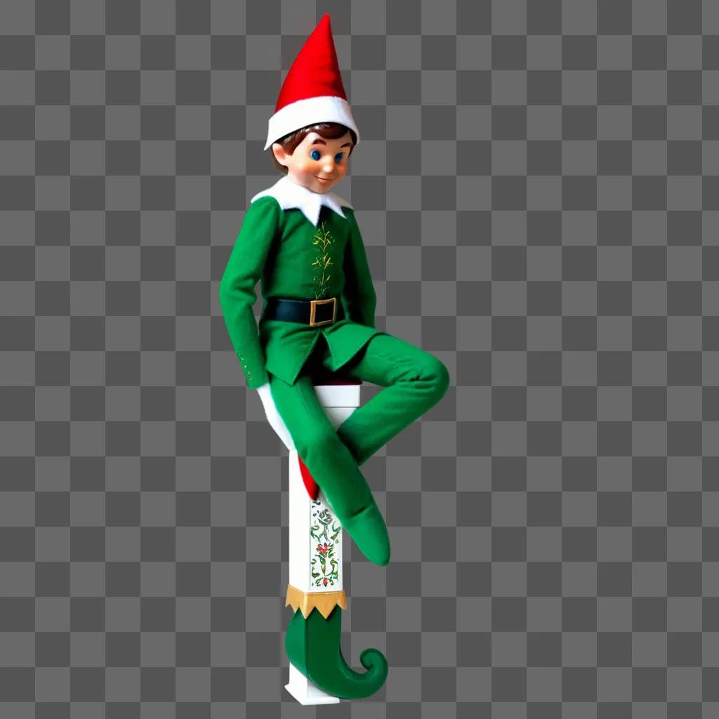 Elf on the shelf stands on pole against green wall