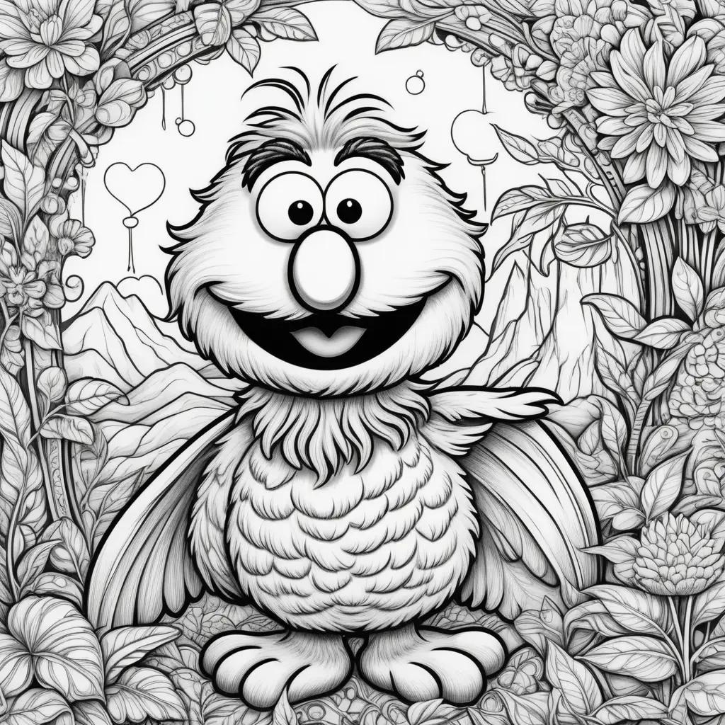 Elmo Coloring Page Featuring Flowers and Birds