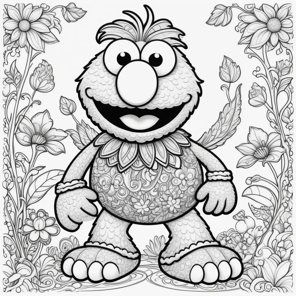 Elmo Coloring Pages with Flowers and Leaves