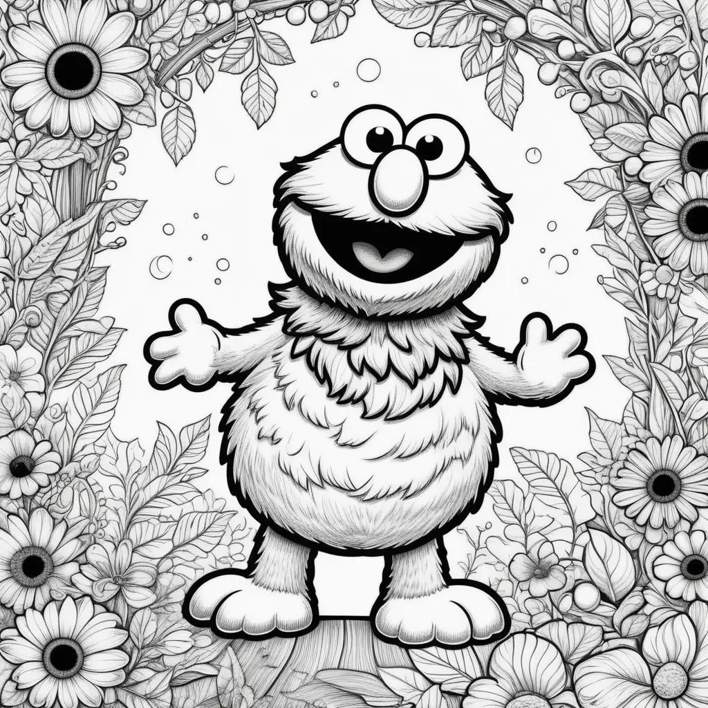 Elmo coloring page with flowers and bubbles