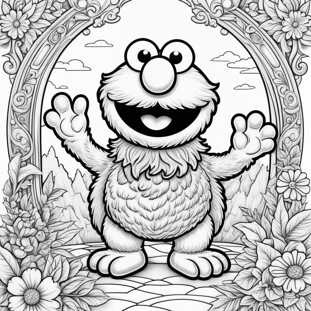 Elmo coloring page with flowers and clouds