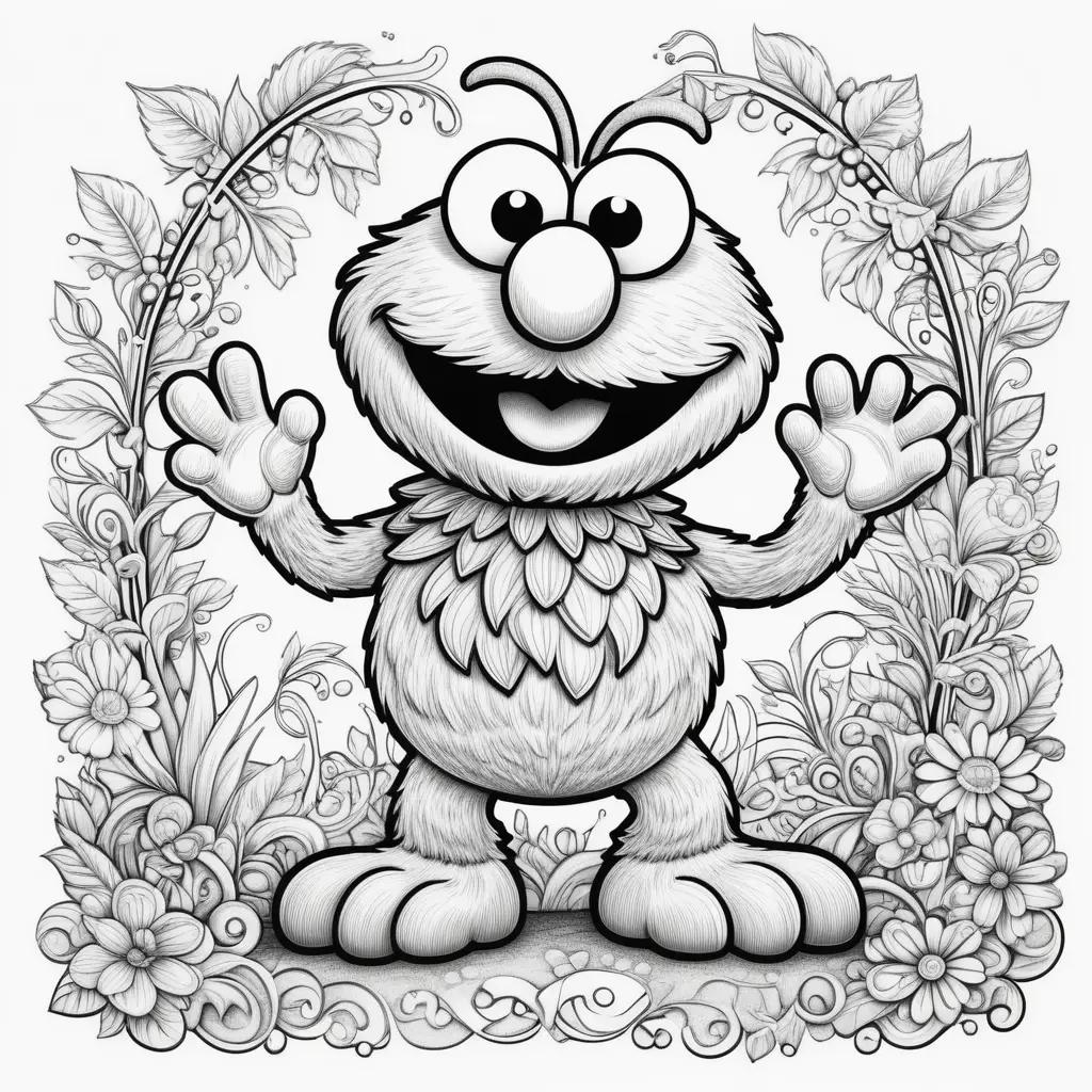 Elmo coloring page with flowers and leaves