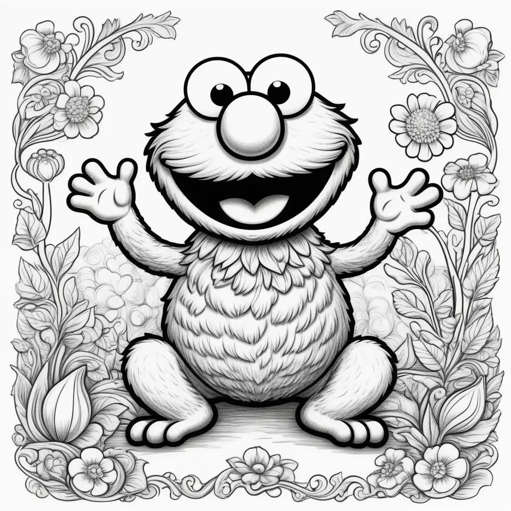 Elmo coloring pages with a frame and flowers