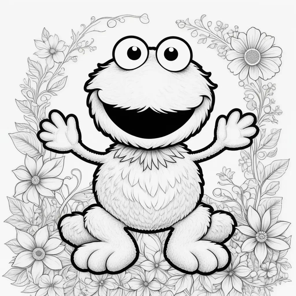 Elmo coloring pages with a funny face and colorful flowers