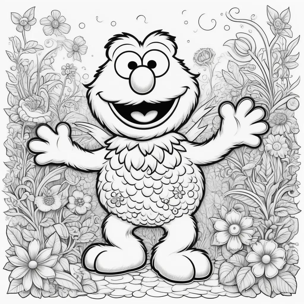 Elmo coloring pages with flowers and leaves